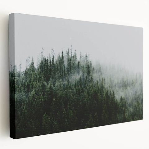 Stretched canvas wall art showcasing a serene landscape design with mist and fog, perfect for home decor, offering a calming atmosphere and modern aesthetic.
