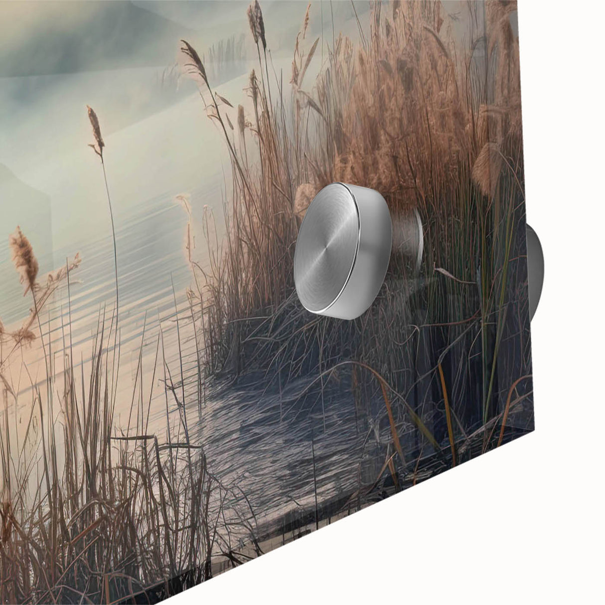 Close-up of a stunning acrylic glass wall art piece from the Landscapes Mist and Fog collection, showcasing ethereal misty landscapes in soft hues, perfect for modern decor.
