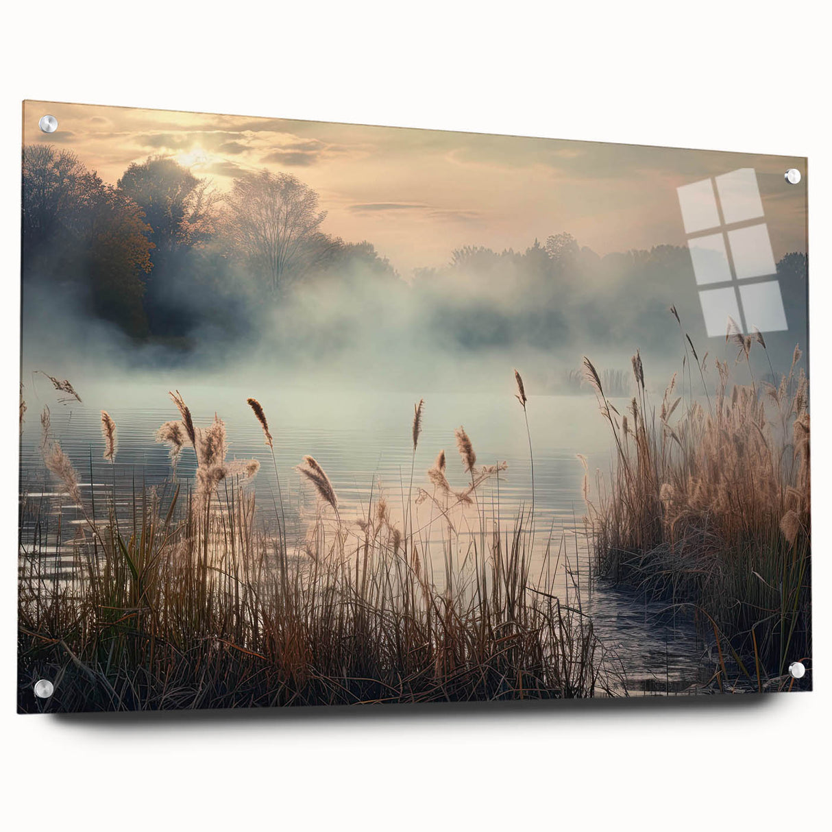Acrylic glass wall art showcasing a misty landscape design, featuring a serene fog scene in soft hues. Perfect for modern decor, displayed with pins for easy mounting.