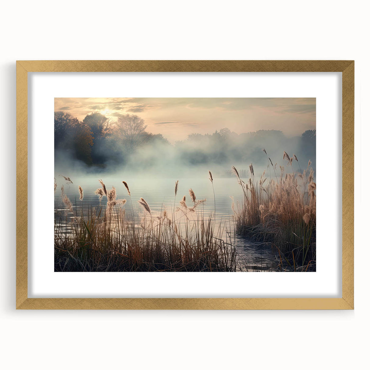 Framed wall art showcasing a serene landscape design with mist and fog, featuring a gold frame and mat, ideal for enhancing home decor with a tranquil aesthetic.
