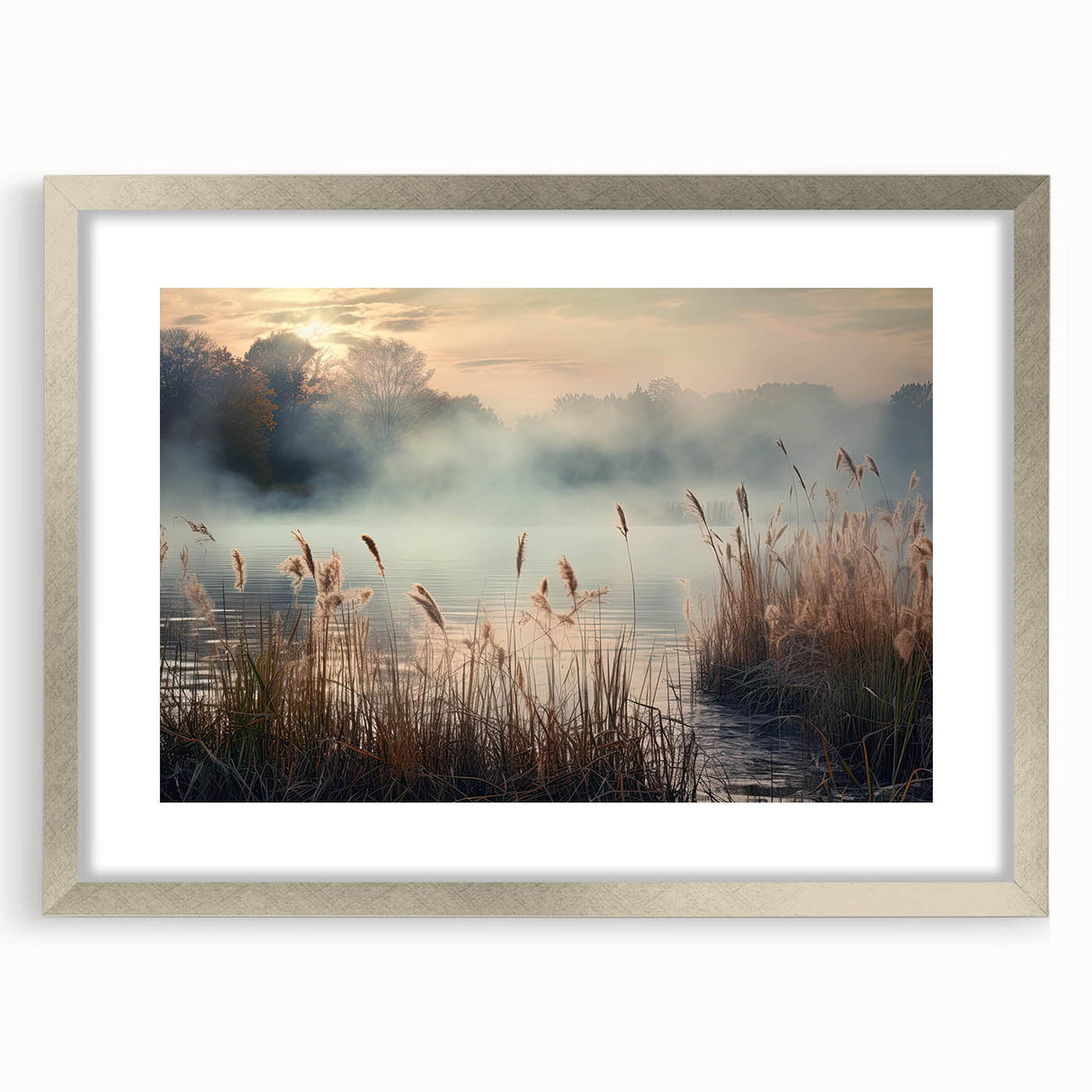 Framed wall art showcasing a serene landscape design with mist and fog, featuring a sleek silver frame and white mat, perfect for home decor enhancement.