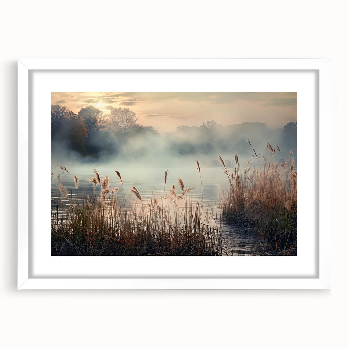 Framed wall art showcasing a serene misty landscape design, featuring subtle gray and white tones, ideal for modern home decor. The piece includes a white mat and is designed to enhance any room with its calming aesthetic.