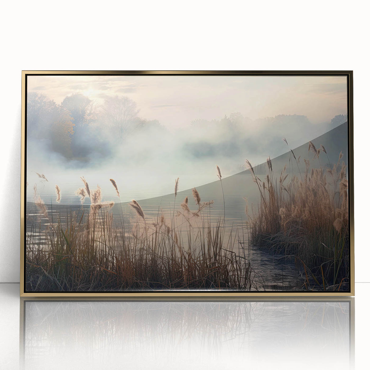Framed acrylic wall art featuring a misty landscape design in soft hues of blue and gray, accented with a gold frame, perfect for modern home decor. This elegant piece enhances any living space with its serene aesthetic and adds a touch of sophistication.