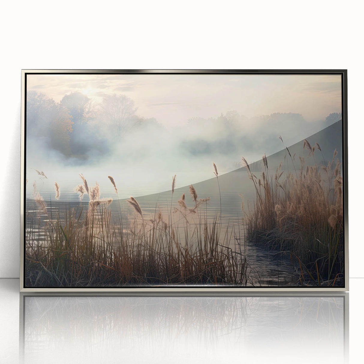 Framed wall art featuring a serene landscape design with mist and fog, presented in a sleek silver frame, ideal for modern home decor and artistic ambiance.