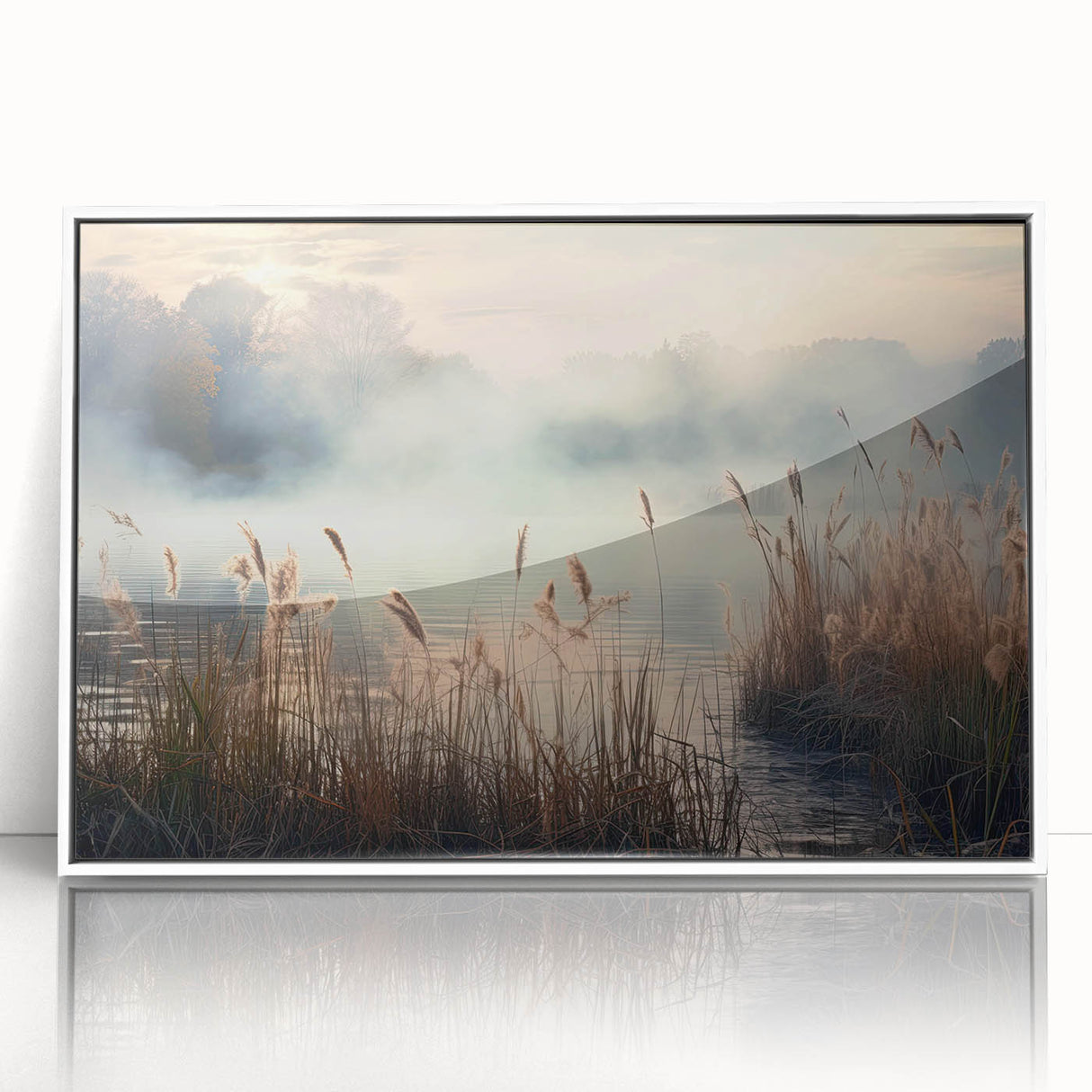 Framed acrylic wall art showcasing a serene misty landscape with soft fog, featuring a white frame that enhances the tranquil aesthetic, perfect for home decor.