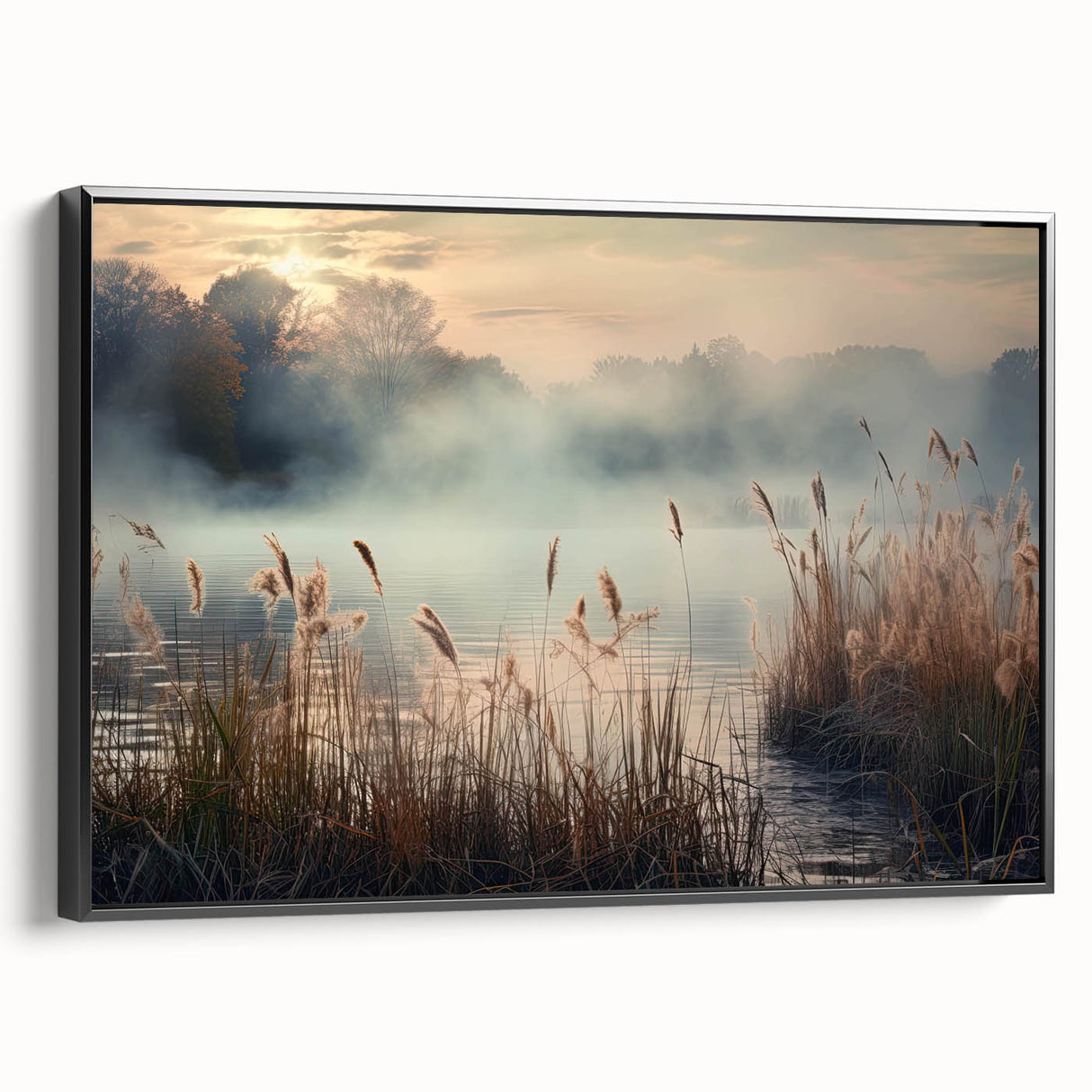 Framed wall art featuring a serene landscape design with mist and fog, set in a sleek black frame, ideal for enhancing modern decor and creating a calming atmosphere.