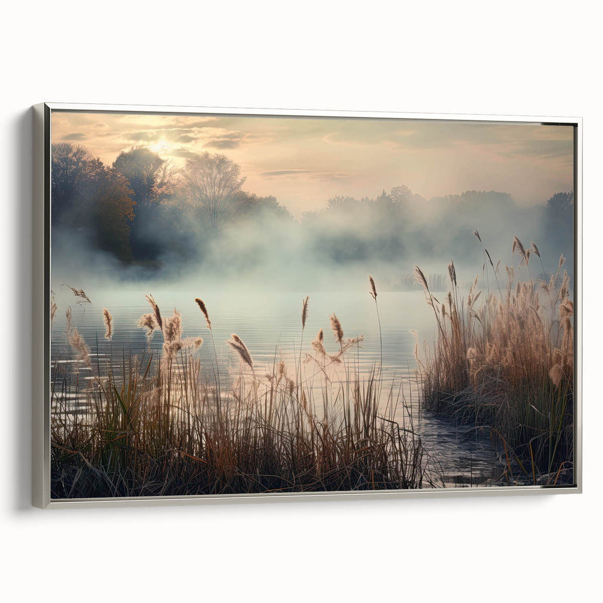 Framed wall art featuring a serene landscape design with mist and fog, showcasing soft gray and silver tones, ideal for modern home decor.