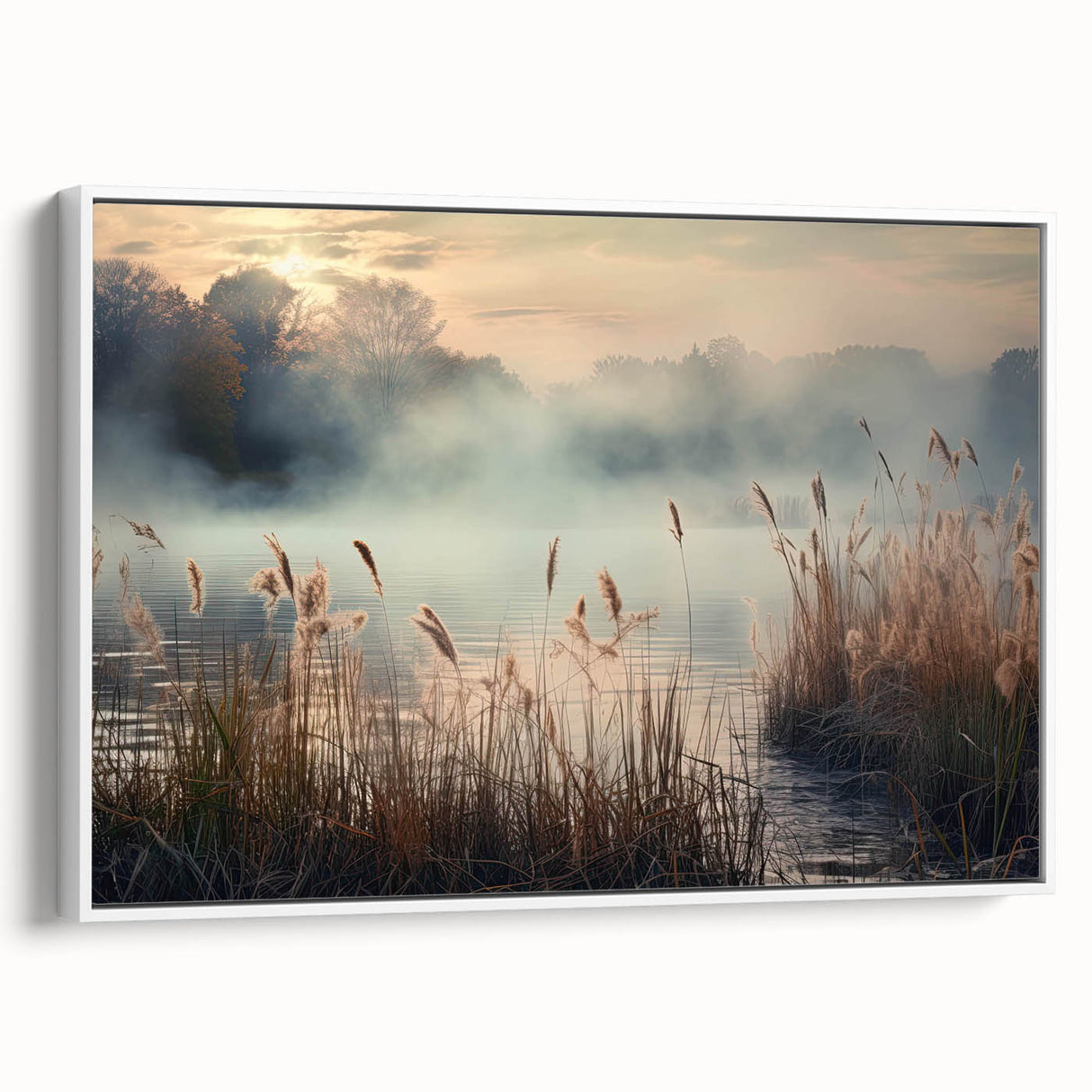 Framed canvas wall art showcasing a serene misty landscape design with soft fog effects, presented from a white side view, perfect for home decor enhancement.