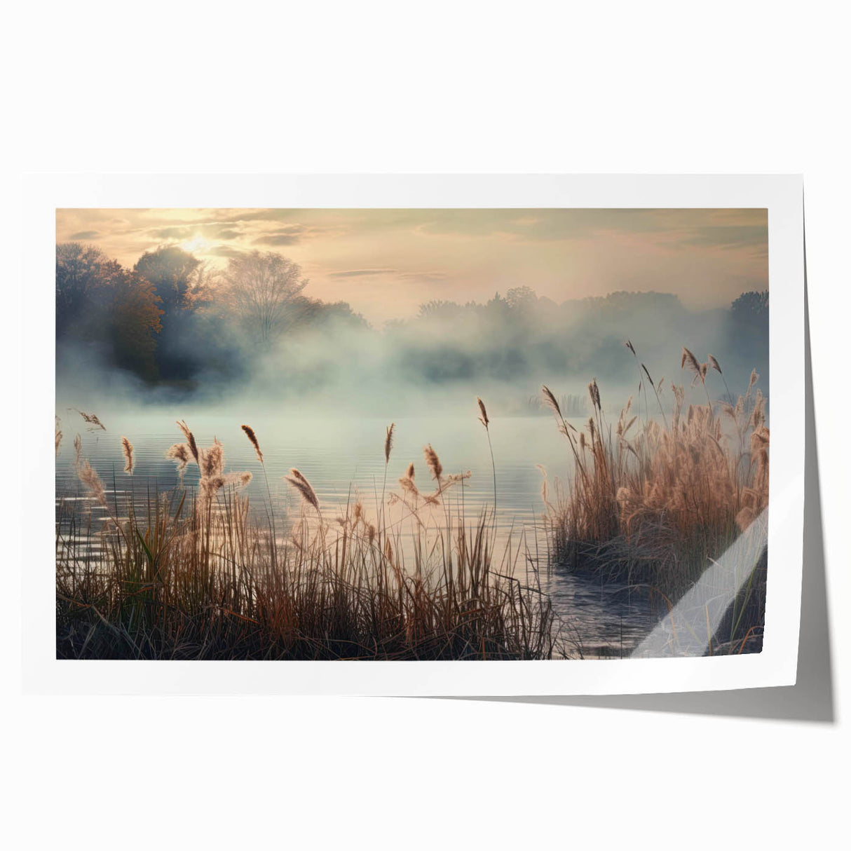 Serene landscape print showcasing misty mountains and fog over a tranquil lake, perfect for home decor and creating a calming atmosphere.