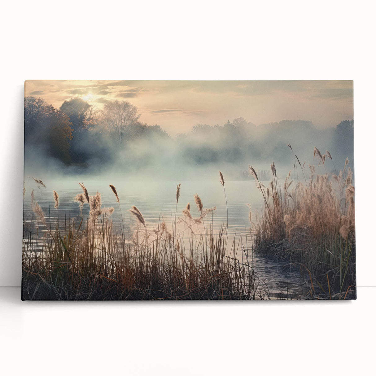 Stretched canvas artwork depicting a serene landscape shrouded in mist, featuring soft hues of blue and gray, ideal for enhancing home decor with a calming atmosphere.
