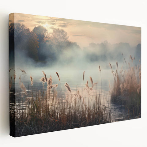 Stretched canvas wall art featuring a serene misty landscape design, showcasing soft gray and blue hues, perfect for adding tranquility to any home decor.