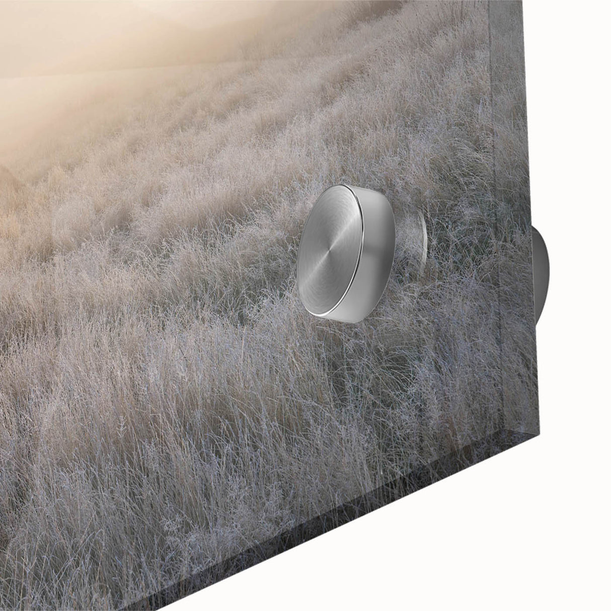 A close-up of a stunning acrylic glass wall art piece showcasing a misty landscape, with soft hues of blue and gray, perfect for modern home decor. This artwork adds a serene touch to any interior space, highlighting nature's beauty and tranquility.