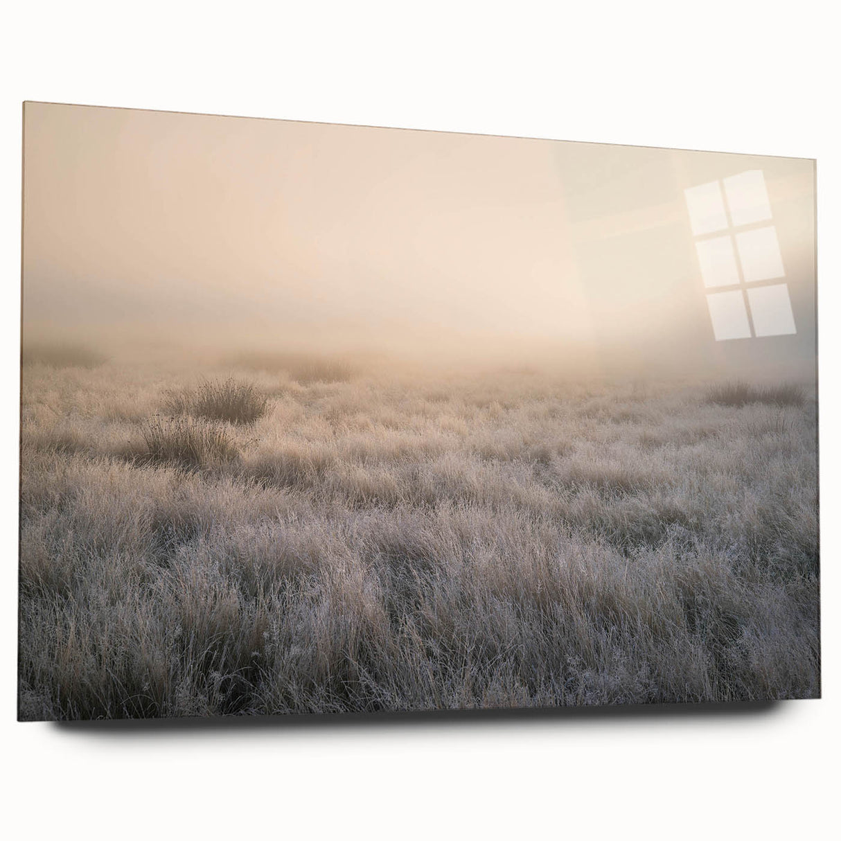 Acrylic wall art depicting a serene landscape shrouded in mist and fog, showcasing soft colors and an ethereal atmosphere, ideal for modern home decor.