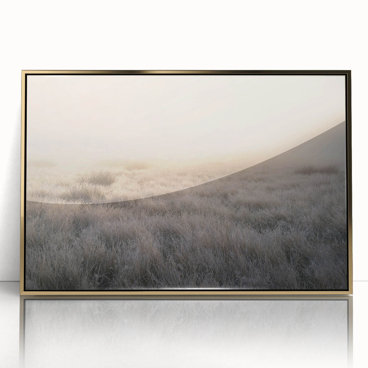 Framed wall art showcasing a serene landscape design with mist and fog, featuring a gold-accented frame that enhances its elegance and depth. Ideal for modern decor.