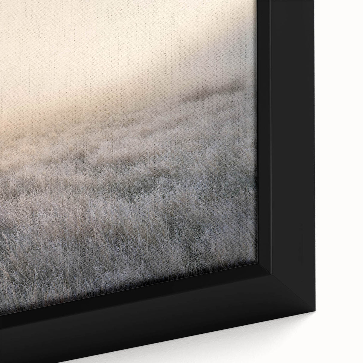 Framed canvas close-up showcasing a misty landscape design in soft gray and blue hues, perfect for modern home decor. Ideal for adding serene ambiance to any room.