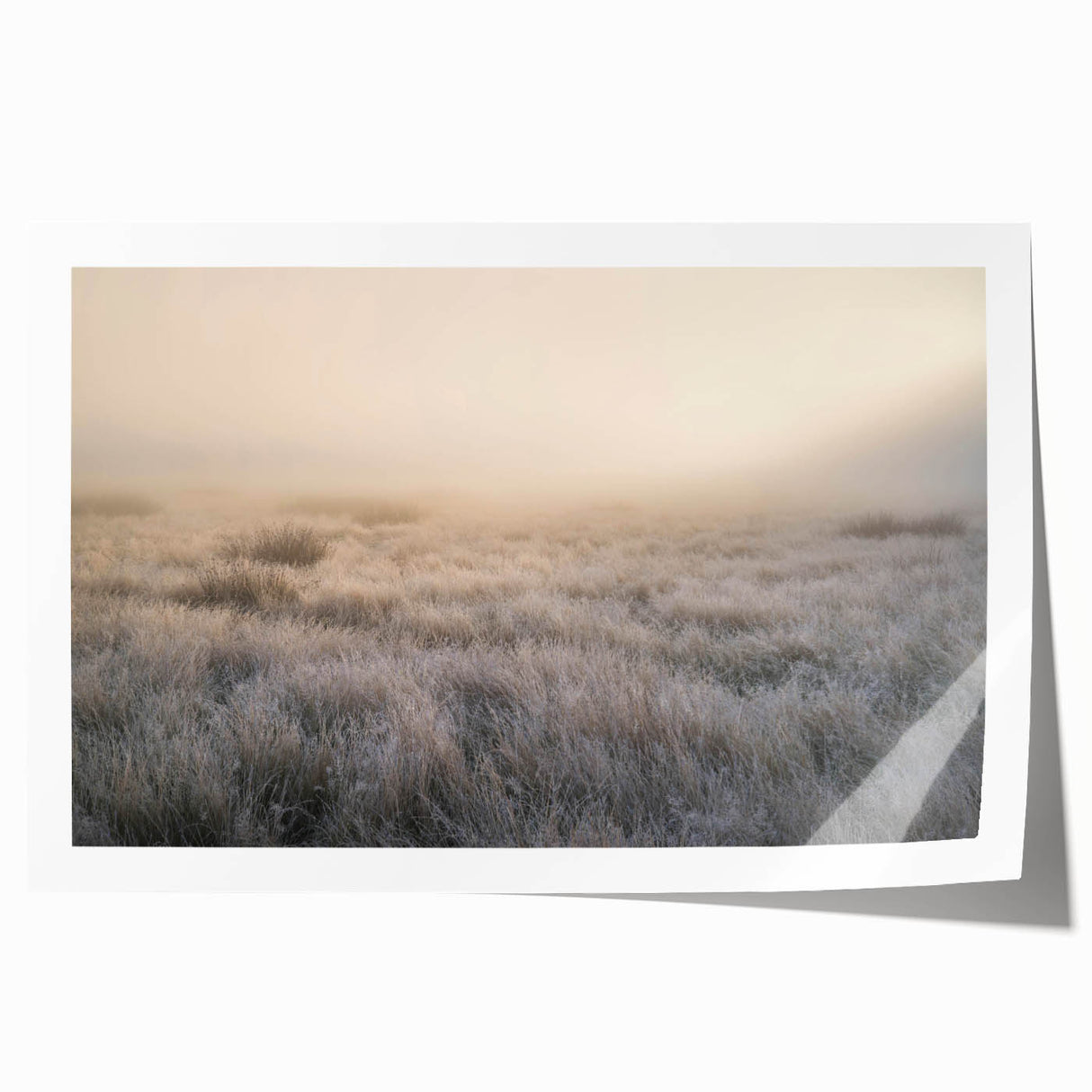 Rolled print of misty landscape wall art, showcasing soft fog over serene hills in muted tones, perfect for enhancing home decor with a tranquil atmosphere.