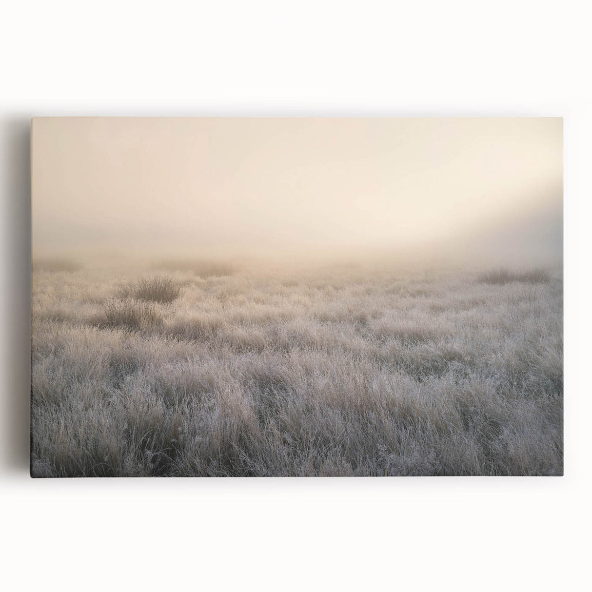 Stretched canvas wall art showcasing a serene misty landscape design, featuring soft gray and blue tones, perfect for enhancing home decor aesthetics. Ideal for creating a calming atmosphere in living rooms or bedrooms.