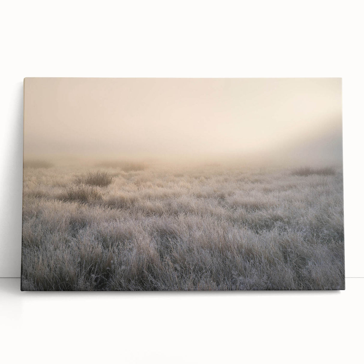 Stretched canvas artwork showcasing a serene misty landscape with soft, muted colors. Ideal for enhancing home decor or relaxation spaces, this piece adds tranquility to any room.