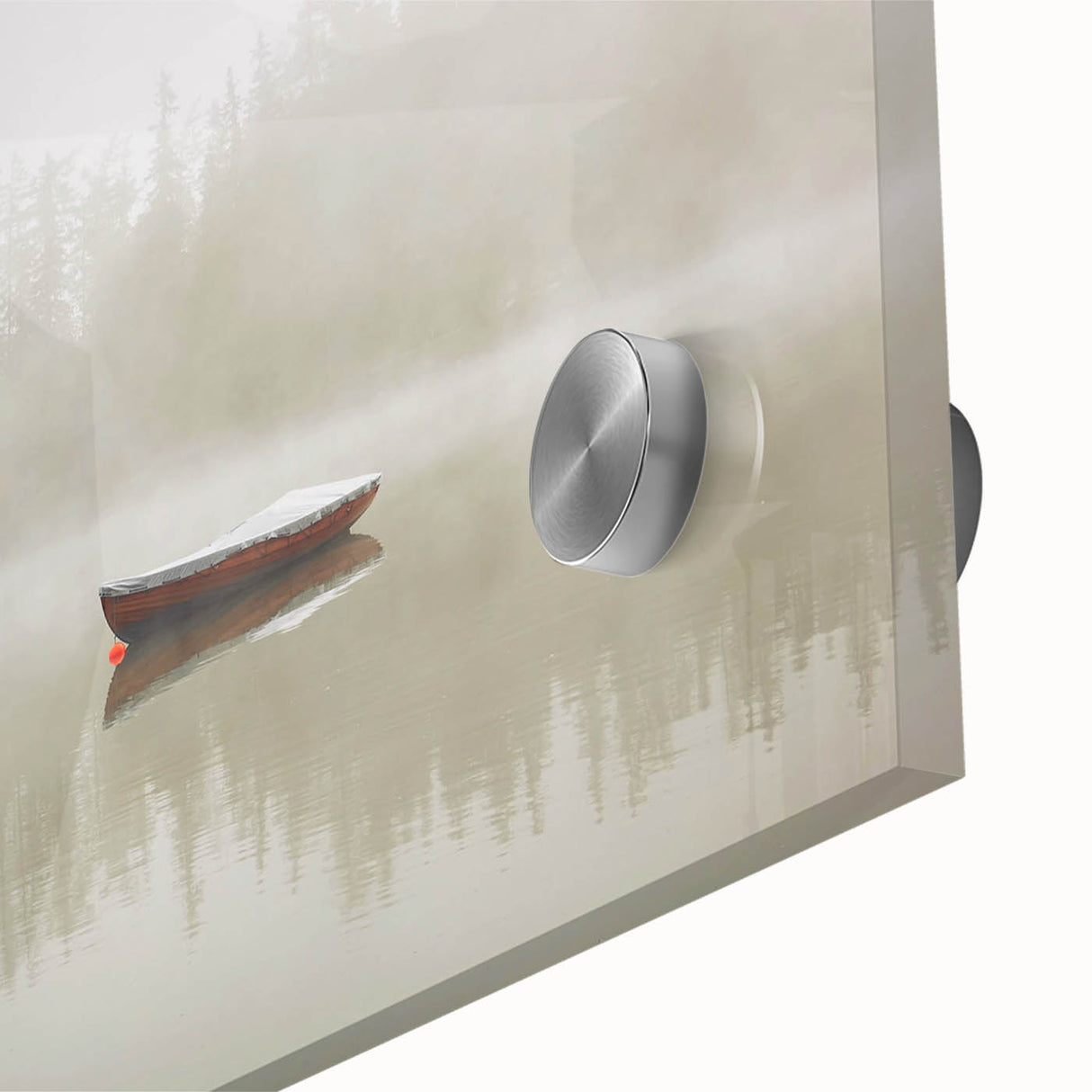 Close-up of a stunning acrylic glass wall art piece showcasing a misty landscape design, featuring soft pastel colors and ethereal fog, ideal for modern home decor.