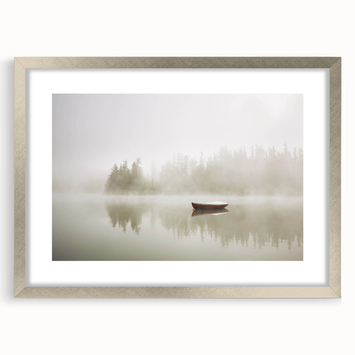 Framed wall art collection showcasing a misty landscape design in soft hues, elegantly bordered with a silver mat, perfect for modern home decor.
