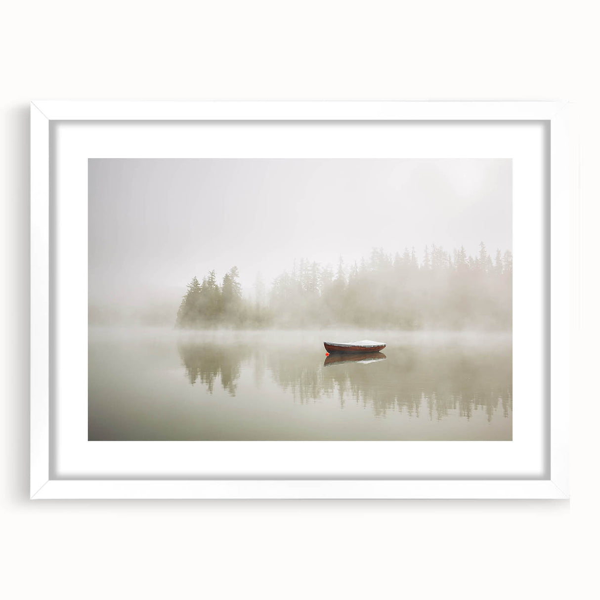 Framed wall art featuring a serene landscape design with mist and fog, set in a sleek white frame, perfect for modern home decor and creating a calming atmosphere.
