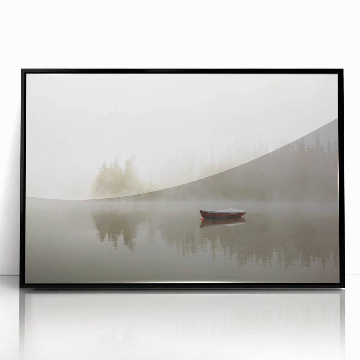 Framed acrylic wall art featuring a misty landscape design in soft gray and blue tones, ideal for enhancing modern home decor. Perfect for creating a calming atmosphere.