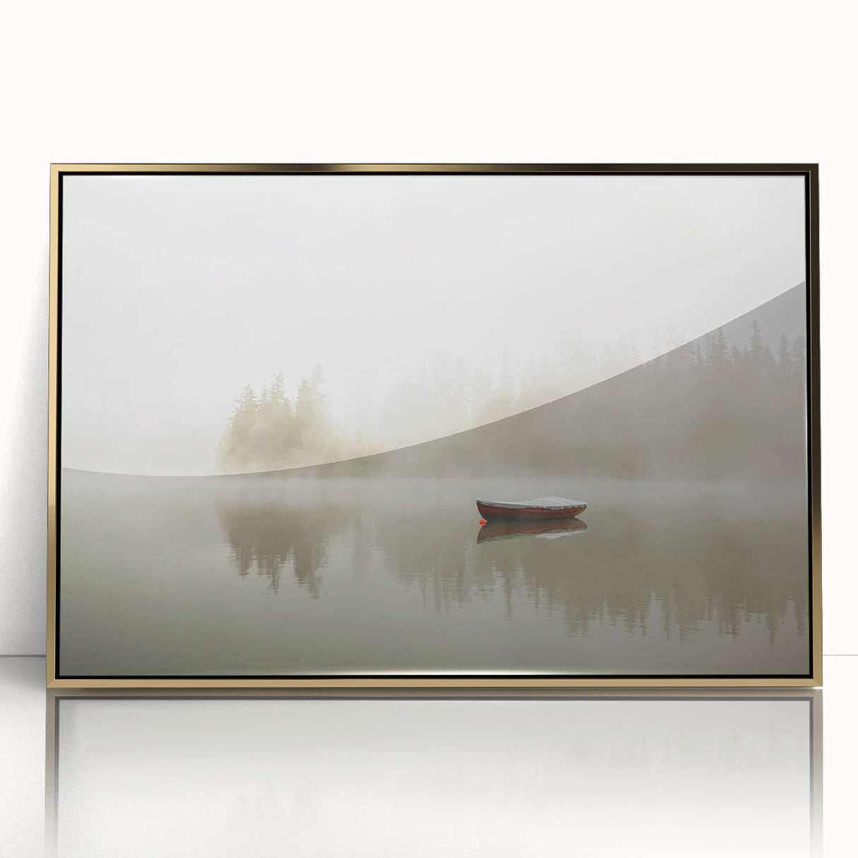 Framed acrylic wall art featuring a serene landscape design, showcasing misty mountains and fog, accented with a gold frame for an elegant touch. Suitable for modern home decor, this piece adds tranquility and sophistication to any room.