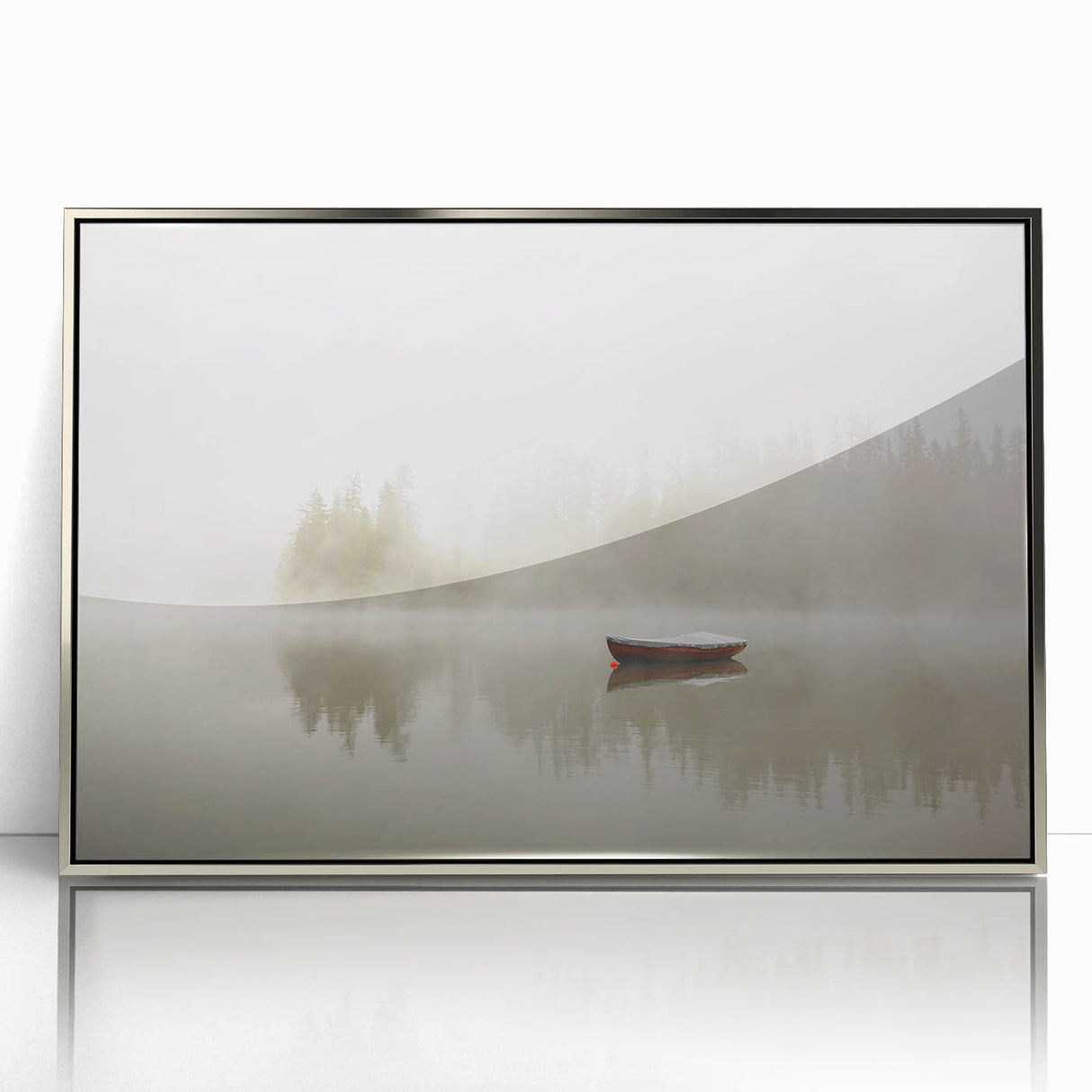 Framed acrylic wall art showcasing a serene landscape design with mist and fog, featuring a silver frame, perfect for enhancing modern home decor.