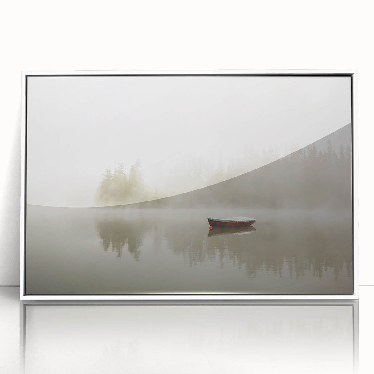 Framed acrylic wall art featuring a serene landscape design with mist and fog, presented in a sleek white frame, ideal for enhancing modern decor.
