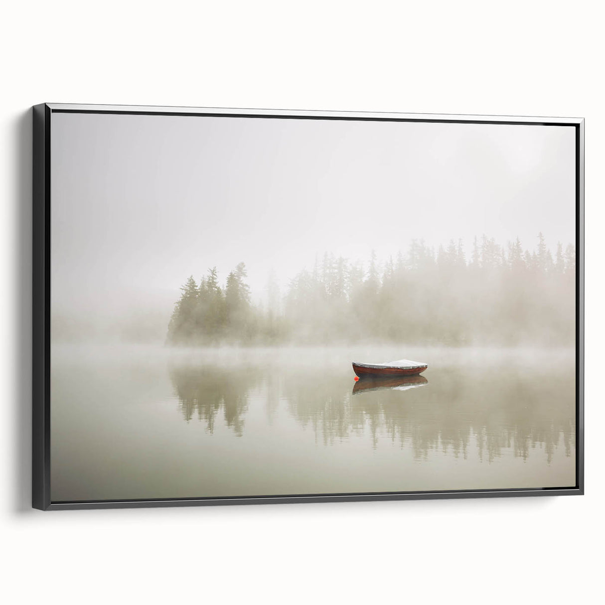 Framed canvas wall art showcasing a serene misty landscape with fog, featuring a sleek black frame, perfect for enhancing modern home decor and creating a calming atmosphere.