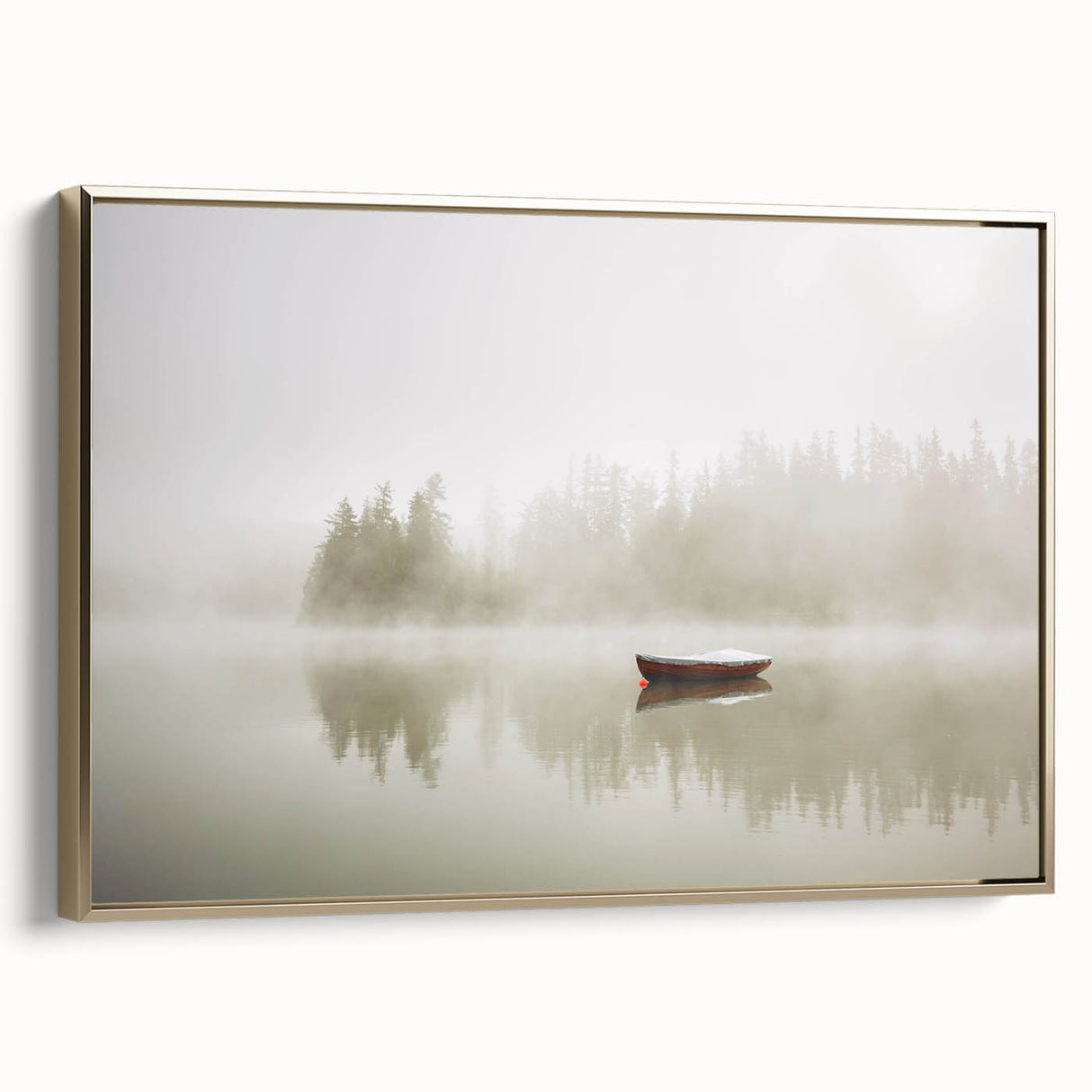 Framed canvas wall art from the "Landscapes Mist & Fog" collection, showcasing a serene misty landscape in soft hues of gray and gold, perfect for modern home decor.