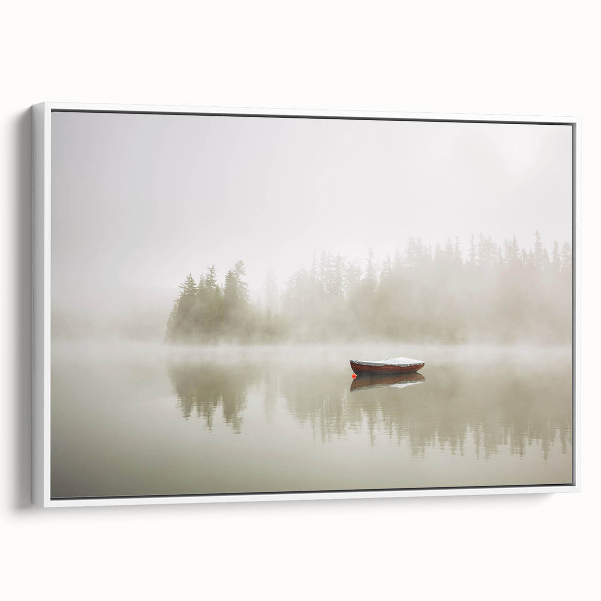 Framed canvas wall art showcasing a serene landscape design with mist and fog, featuring soft gray and white tones, perfect for enhancing modern home decor.