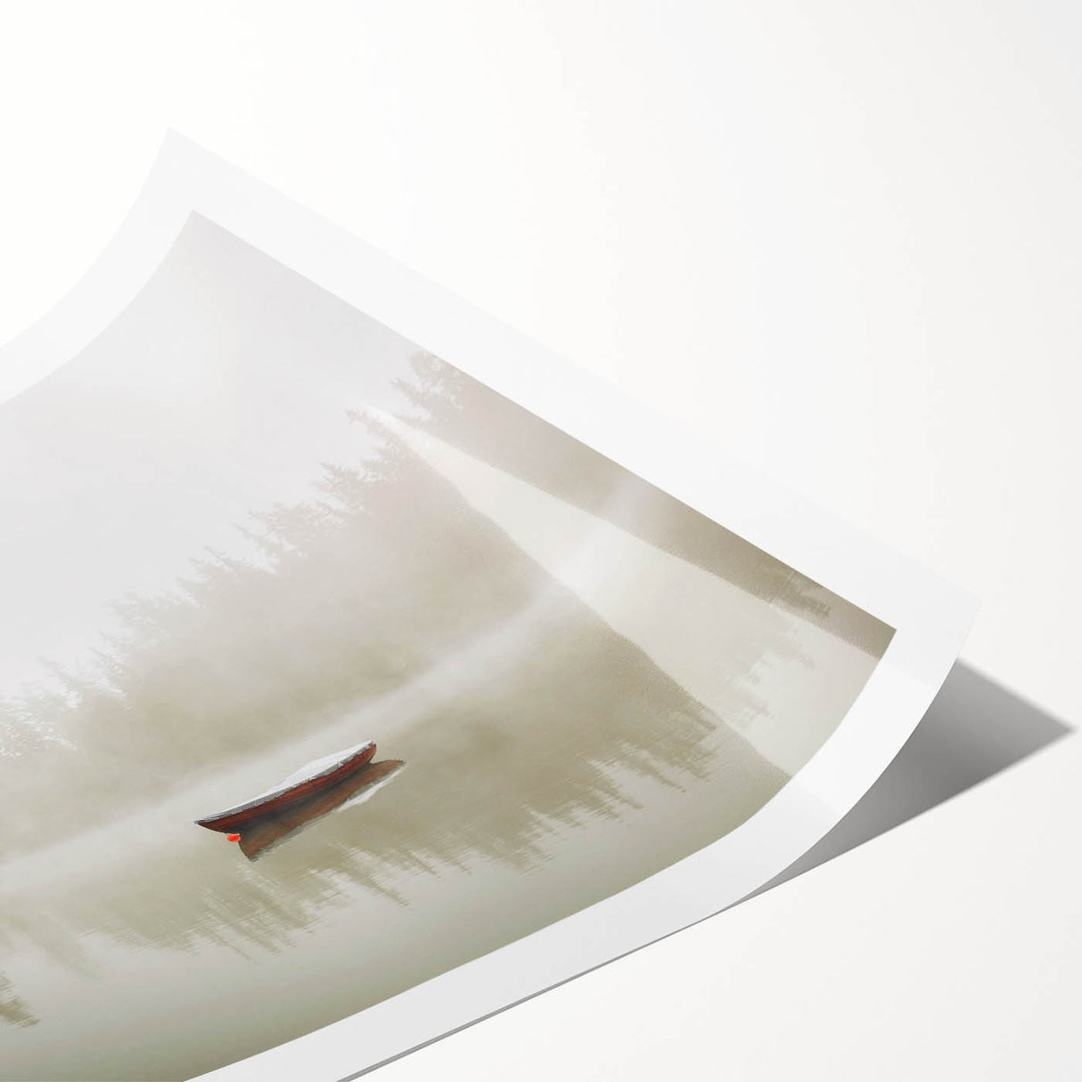 Rolled print showcasing a serene landscape with misty fog, featuring soft pastel colors and delicate details, ideal for enhancing modern home decor aesthetics.