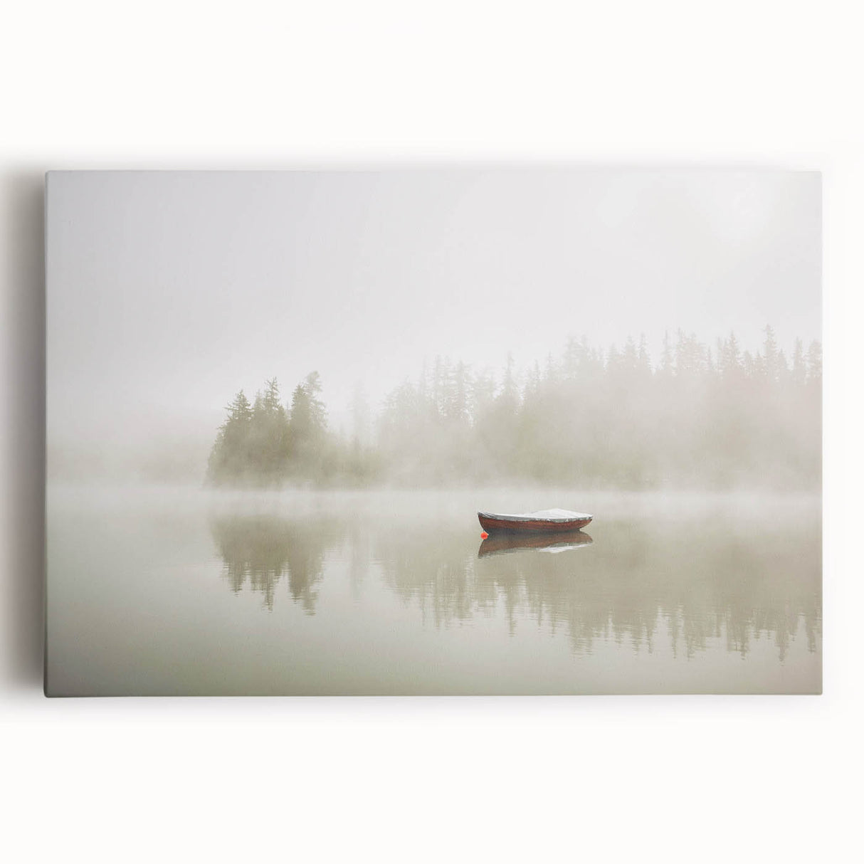 Stretched canvas wall art showcasing a misty landscape with soft fog, featuring calming shades of blue and gray, perfect for enhancing tranquil home decor.