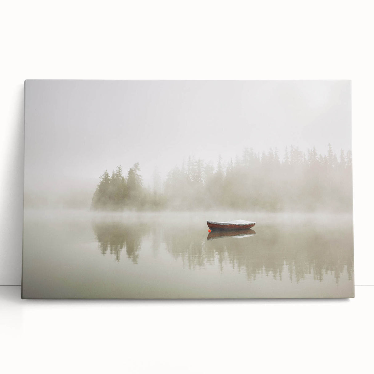 Stretched canvas wall art showcasing a serene misty landscape design, featuring soft grey and blue hues, perfect for enhancing modern home decor.