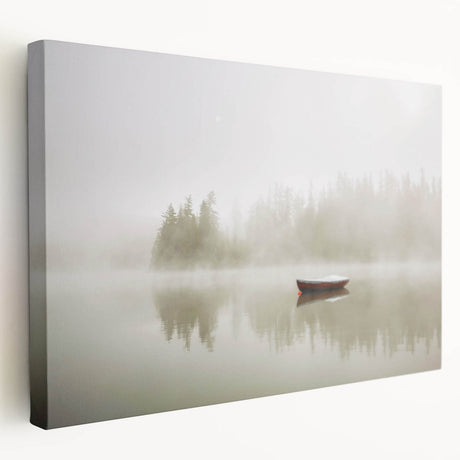 Stretched canvas wall art depicting a serene misty landscape with soft fog, ideal for home decor, showcasing subtle colors and calming scenery.