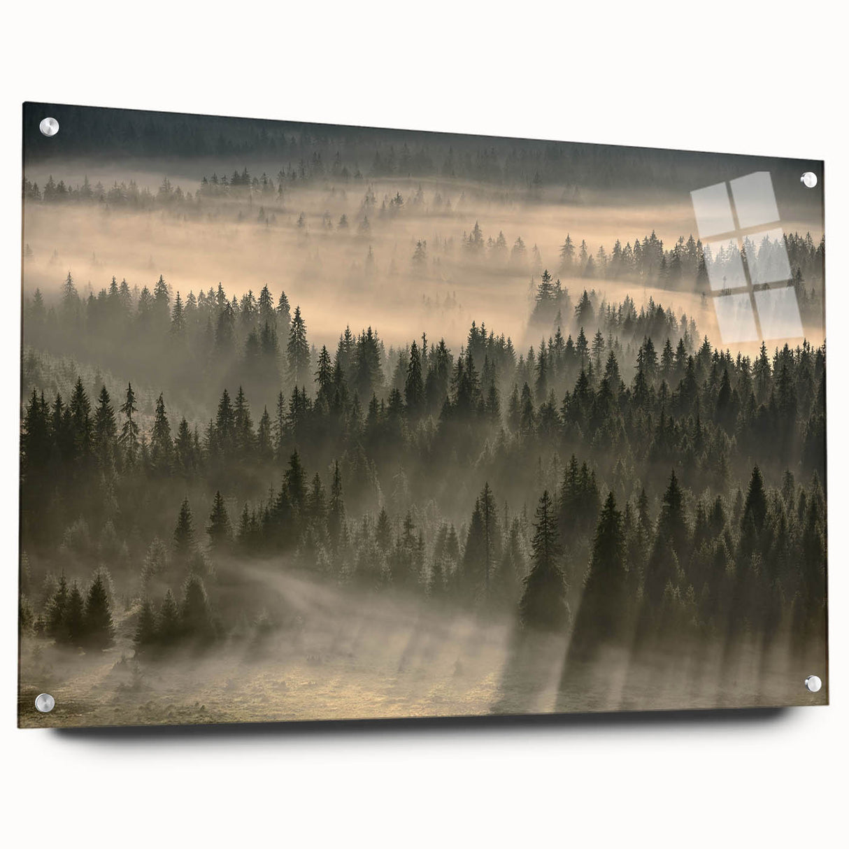 Acrylic glass wall art showcasing a serene landscape design with mist and fog, elegantly displayed from the side with pins for mounting, ideal for home decor.