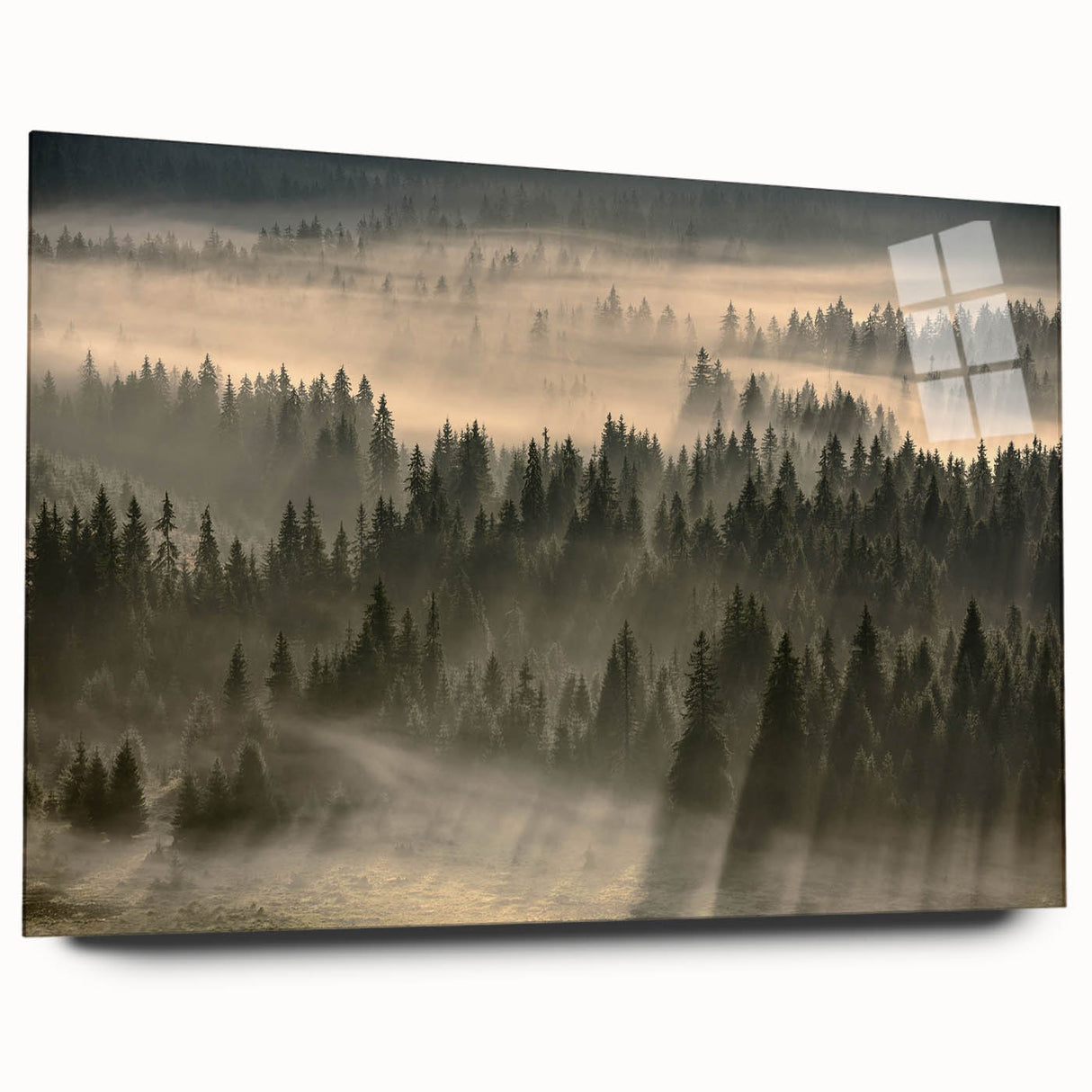 Acrylic glass wall art design showcasing a misty landscape, featuring soft fog and ethereal tones, displayed from a side view without pins, ideal for modern decor.