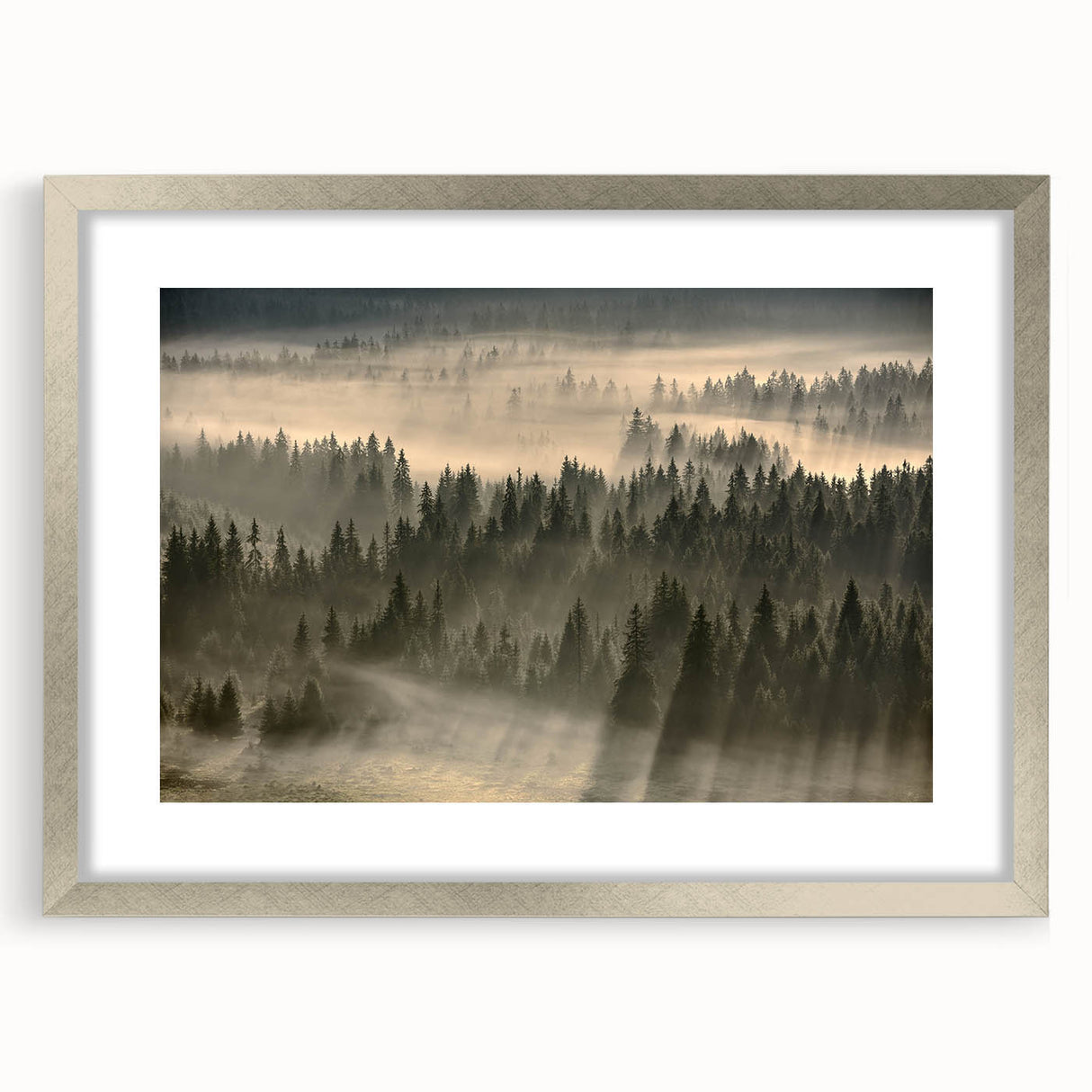Framed wall art featuring a serene misty landscape design with soft gray and white tones, accented by a silver mat and frame, perfect for enhancing home decor.