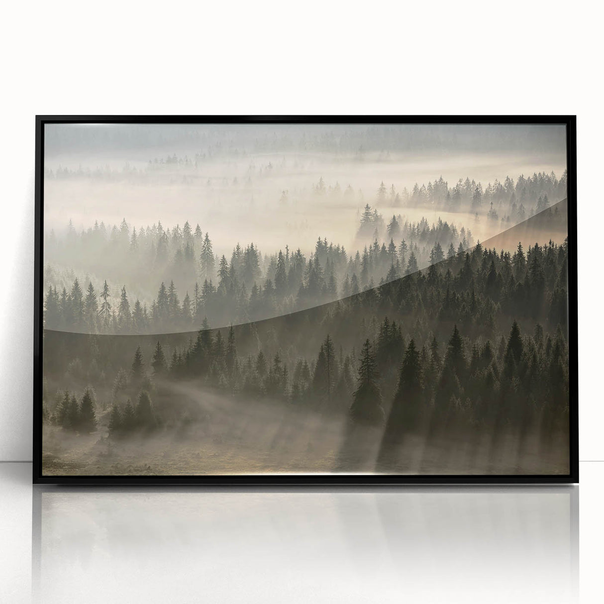 Framed acrylic wall art showcasing a misty landscape design with soft fog and muted colors, presented in a sleek black frame, ideal for modern decor.