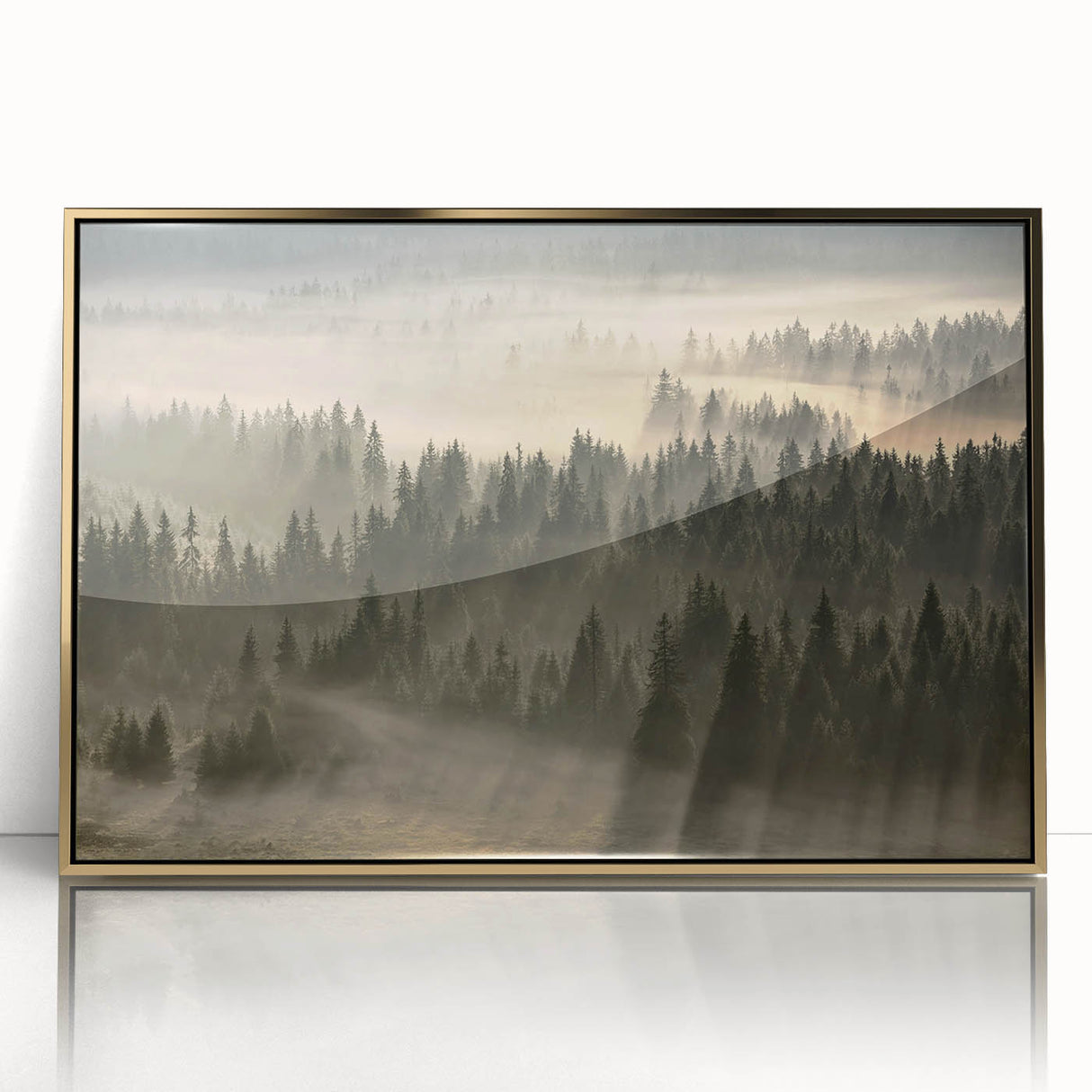 Framed acrylic wall art depicting a serene misty landscape with soft fog and muted colors, set in a stylish gold frame, ideal for modern home decor.