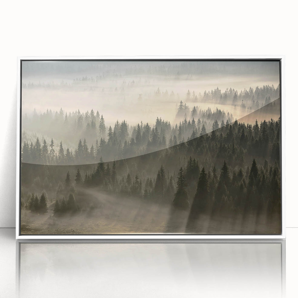 Framed acrylic wall art showcasing a serene landscape design with mist and fog, featuring a white frame that adds elegance to home decor. Perfect for nature lovers.