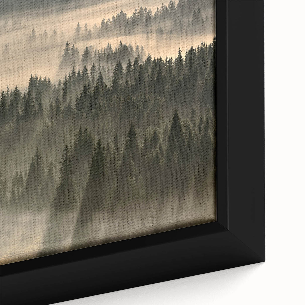 Close-up of a framed canvas wall art depicting a serene misty landscape, featuring soft gray and blue tones with intricate details, perfect for home decor. This artistic piece enhances tranquility in any living space, ideal for nature lovers.