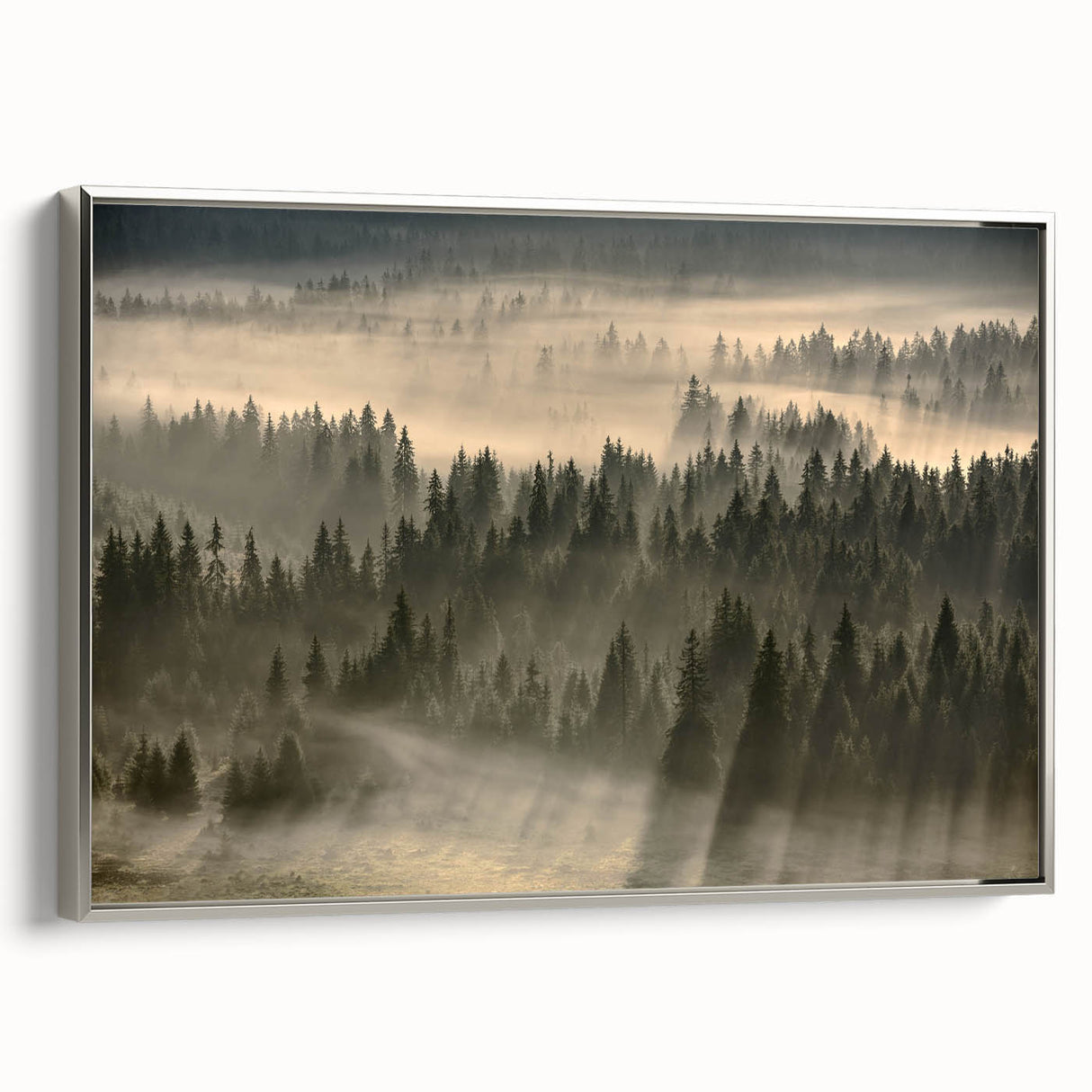 Framed canvas wall art featuring a serene landscape design with mist and fog, showcasing soft gray tones and a sleek silver frame, perfect for modern decor.