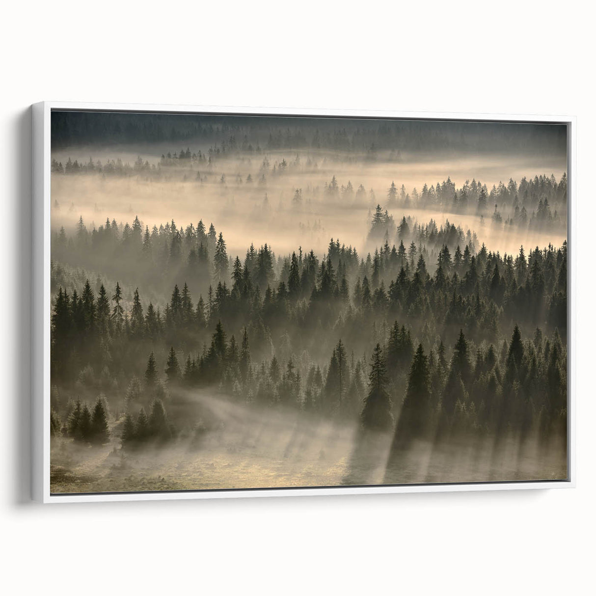 Framed canvas wall art showcasing a serene landscape design with mist and fog, featuring soft gray and white tones, ideal for modern home decor.