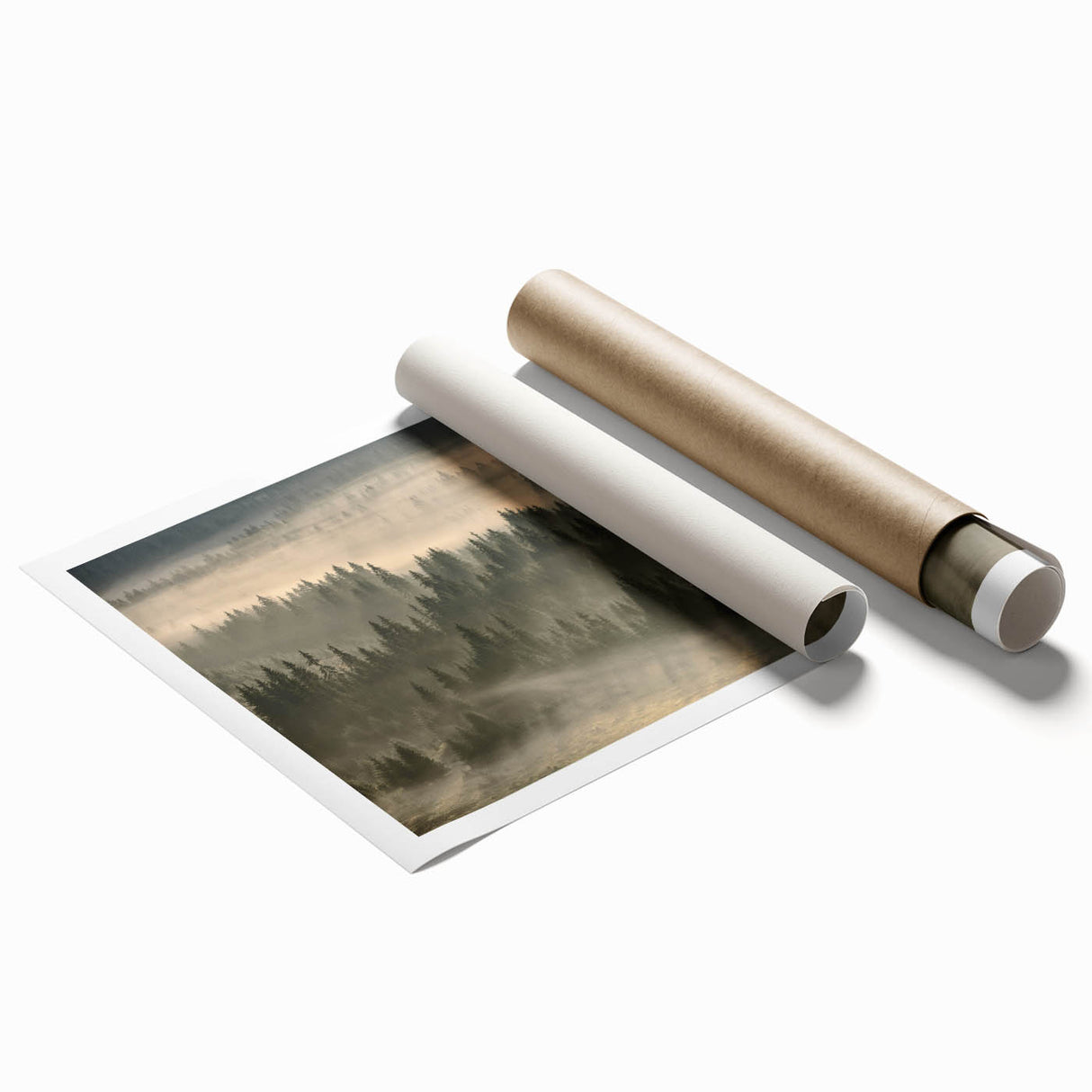 Rolled print showcasing an ethereal landscape design with mist and fog, featuring soft pastel colors and intricate details, ideal for home decor enhancement.