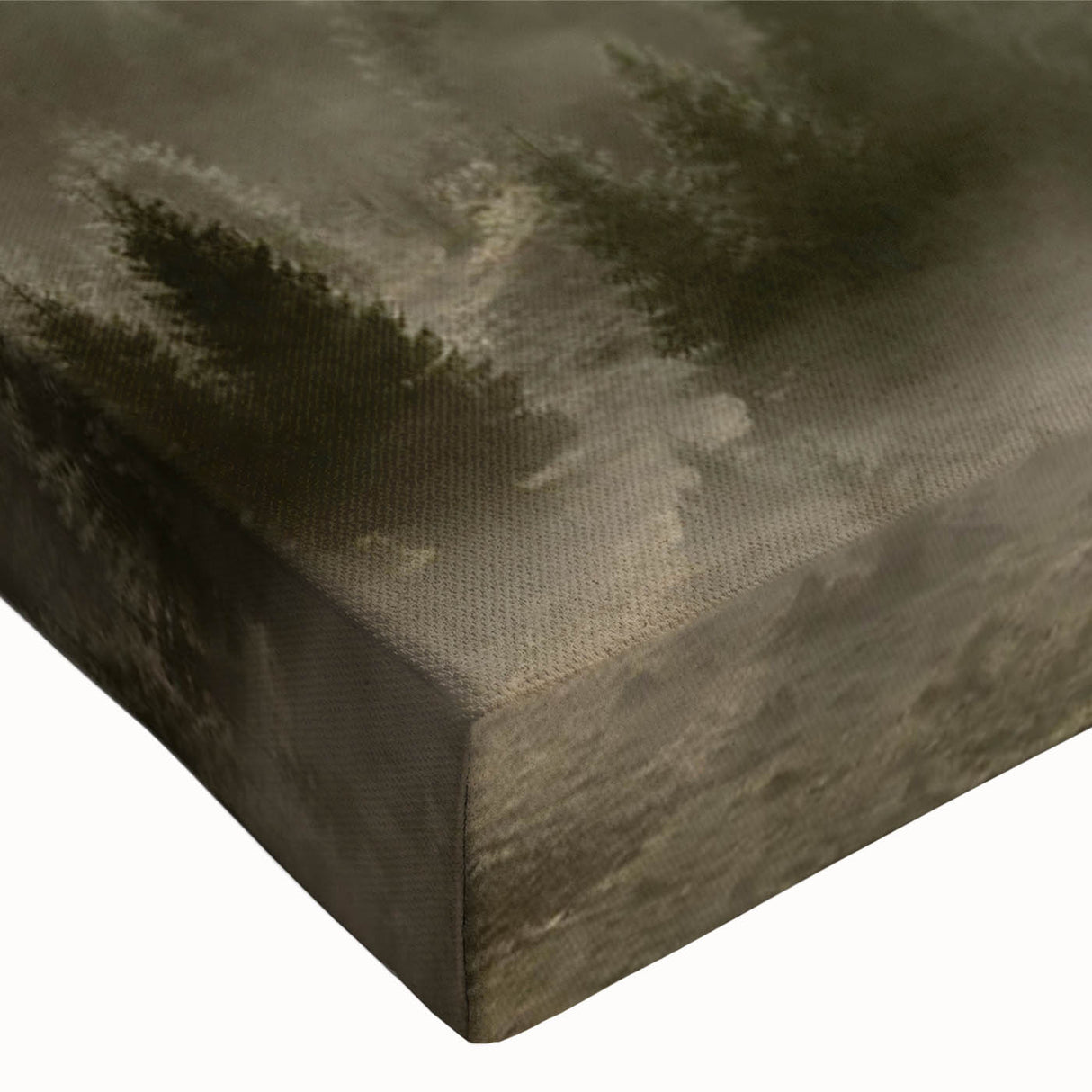 Close-up of a stretched canvas wall art piece depicting a serene misty landscape, featuring soft gray and blue tones, ideal for enhancing modern home decor.