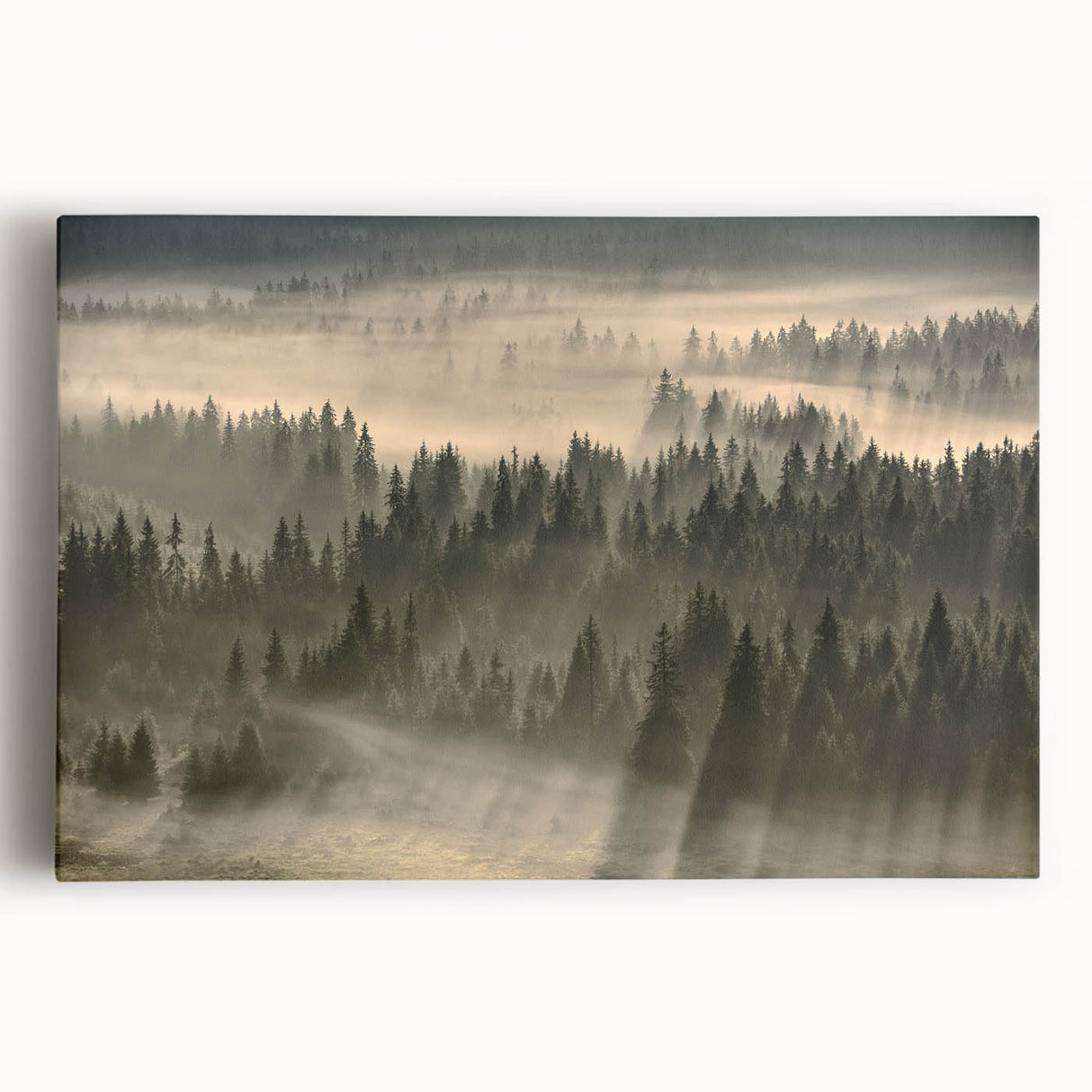 Stretched canvas wall art showcasing a serene landscape design with misty fog, featuring soft blue and grey tones, perfect for adding tranquility to any decor.