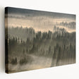 Stretched canvas wall art showcasing a serene misty landscape design, featuring soft pastel colors and subtle fog, perfect for home decor enhancement.