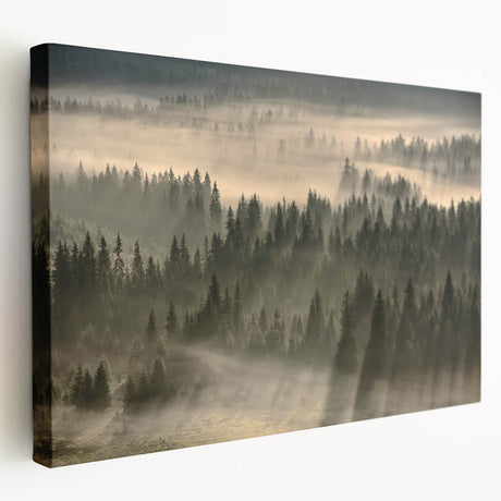 Stretched canvas wall art showcasing a serene misty landscape design, featuring soft pastel colors and subtle fog, perfect for home decor enhancement.